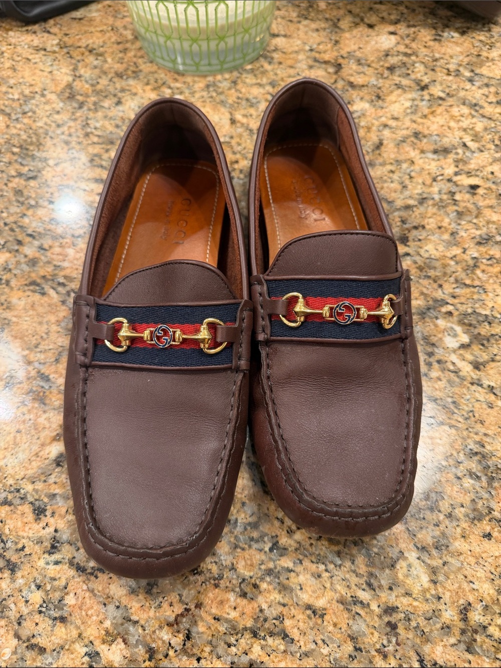 Gucci Brown Leather Horsebit Loafers with Red & Blue Web